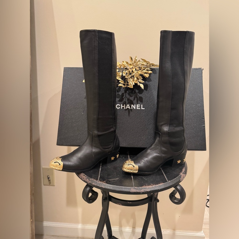 CHANEL Black Boots with Gold Toe Details